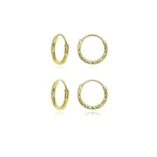 2 Pair Set Gold Flash Silver Diamond-Cut Small Endless 10mm Round Hoop Earrings