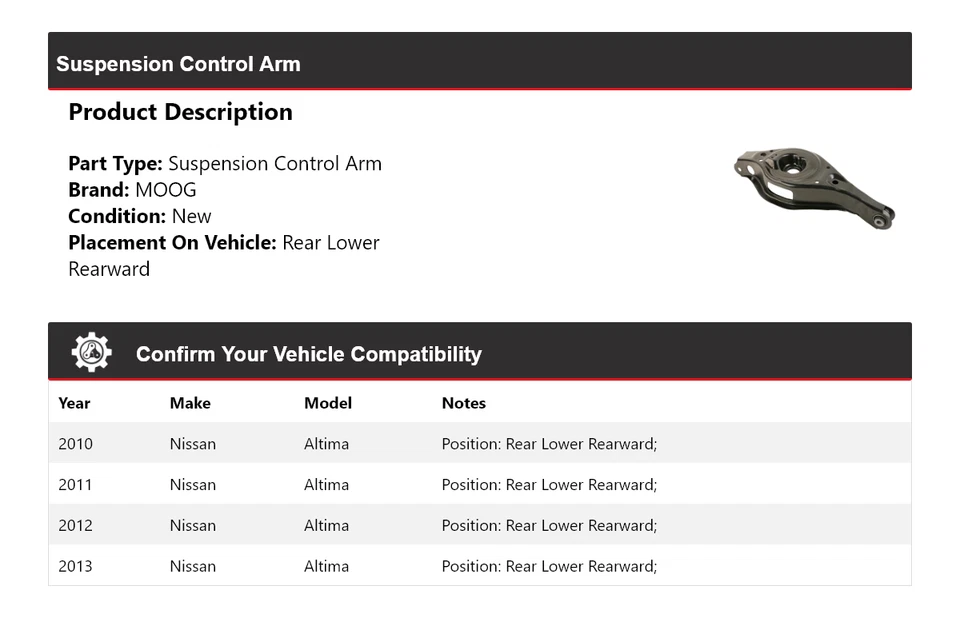 Brazo de control de suspensión trasero inferior trasero MOOG 2010-2013 Nissan Altima 2010 Foto 2 de 4