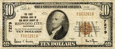 1929 $10 Redwood City, California Small Size National Bank Note Fr #S-2055