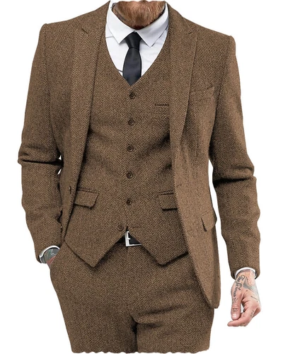 Mens 3 Piece Suit Groom Wedding Wool Blend Tweed Herringbone Suit 42 44 46 48 50 - Picture 9 of 33