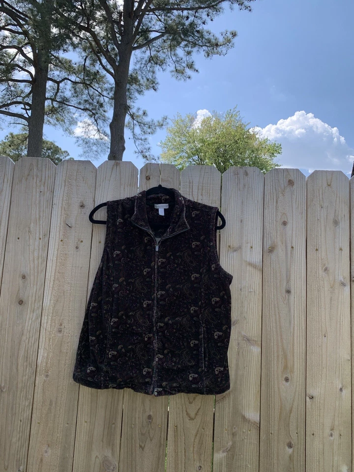 Women's Quilted Velour Vest large Charter Club green purple zip up paisley - Image 2 of 4