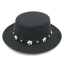 Women Wool Blend Boater Hat Wide Brim Pork Pie Cap Top Hats Flower Leather Band