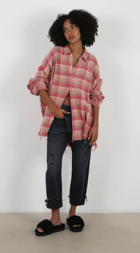 R13 UNISEX SHREDDED SEAN DROP NECK SHIRT OVERDYED LT PINK KARIERT Gr. XS - Bild 2 von 13