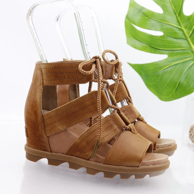 sorel joanie strappy lace up wedge heel shoes