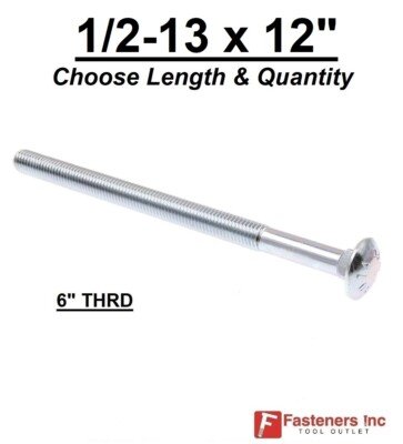 1/2-13 x 12'' Carriage Bolts A307 Grade 2 Zinc Plated ''Coach Screws'' 1/2''-13