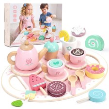 Wooden Tea Party Set Tray Cake Dessert Pretend Play Toys Kids 3-5