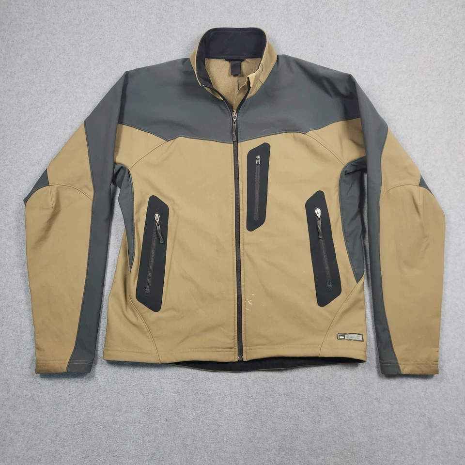 Винтажный REI Softshell куртка большой коричневый серый флис с подкладкой полный молнии открытый поход - Изображение 2 из 4