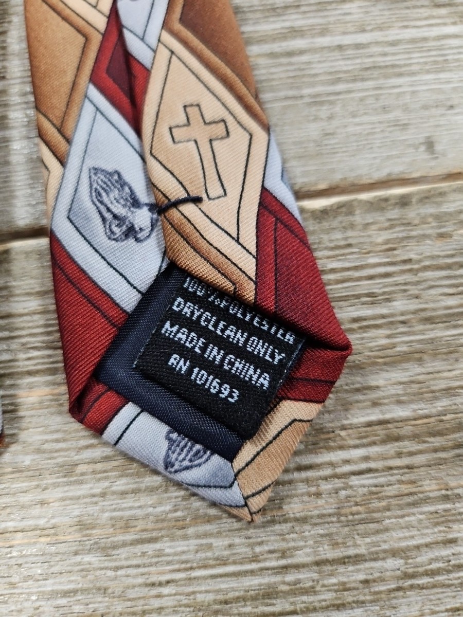 Eagles Wings Praying Hands and Cross Necktie Tan Grey and Maroon