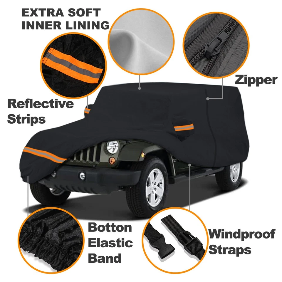 6 Layer Car Cover 100% Waterproof Outdoor w/ Cotton For Jeep Wrangler JK 4 Door - Image 3 of 4