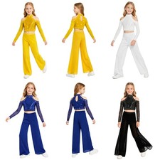 Kids Girls Dance Costume Sequins Crop Top With Pants For Dance Competition