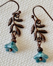 Copper Leaves  Rich Blue Flower Dangle Earrings. Bloom Where You're Planted