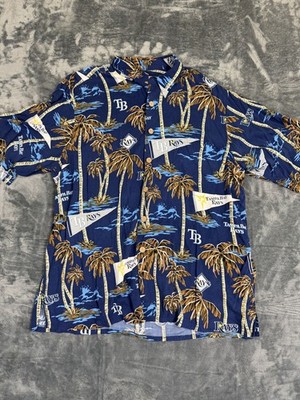 Reyn Spooner Mens XL Tampa Bay Rays Hawaiian Shirt Blue Rayon Detailed baseball