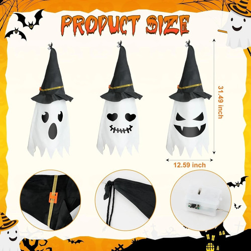 Decoraciones de Halloween Exterior, 3 Piezas Iluminar Fantasmas Colgantes, Linda Luz Colgante - Imagen 2 de 5