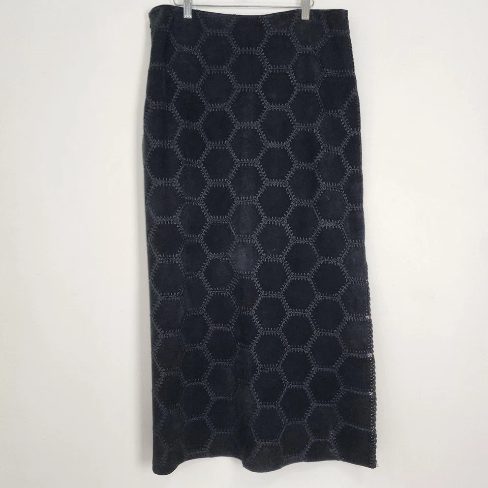 Maxi Falda Danier Cuero Genuino Negra Gamuza Hexagonal Talla 14 Drk Boho Vaquera Foto 3 de 4
