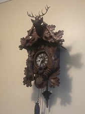 Antique Hunter Black Forest Cuckoo Clock Hand Carved Wood Hunting Scene XXL
