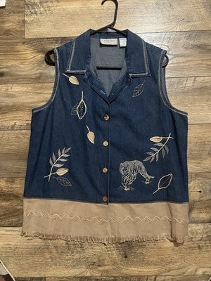 Vintage Lemon Grass PL Jungle Safari Blue Denim Shirt Tiger Linen