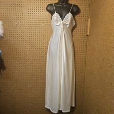Vtg. 70s JCPenney Collectibles Striped Ivory Nylon Nightgown Lace Maxi Dress M
