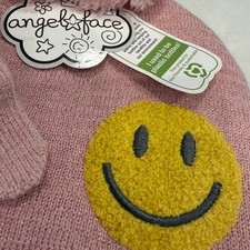 Angel Face toddler pink metallic beanie  mitten set smiley face patch soft warm
