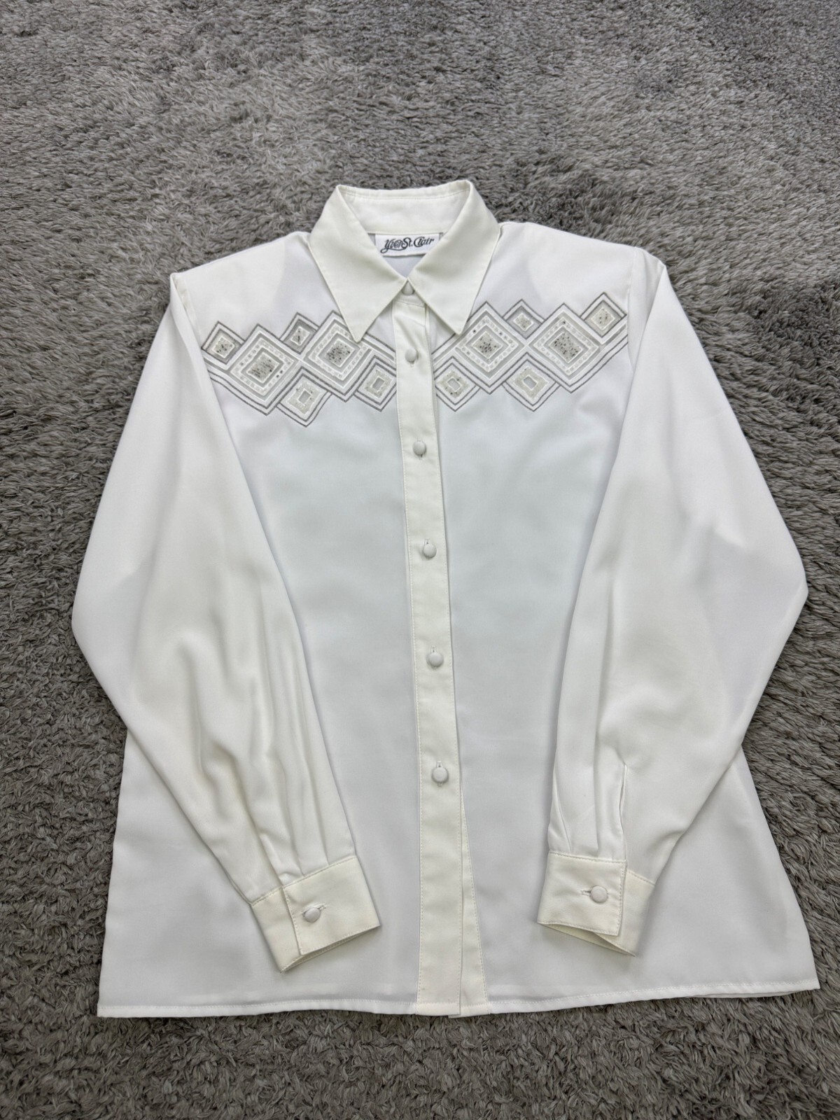 SAINT LAURENT Yves St Clair Top Donna 6 Bianco Argyle Ricamato Carriera Bottoni Camicia Vintage