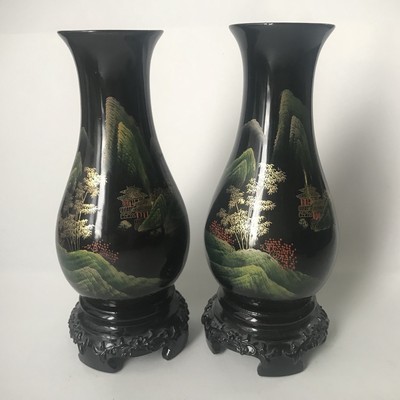 Pair Of Black Hand Painted Asian Oriental Vases Plastic Lacquer