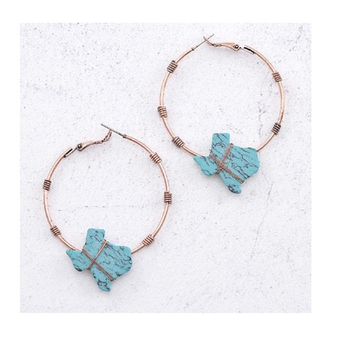 Boucles d'oreilles Texas Western Lone Star State Hoop bijoux cuivre bleu turquoise - Photo 3/3