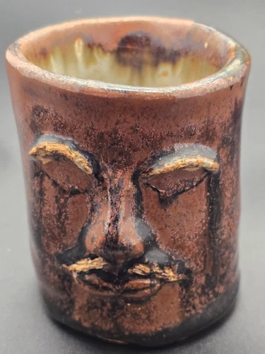 Ugly Face Mug Studio Art Pottery Artist Signed Stoneware Glazed Brown  4”