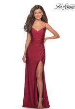 LA FEMME CRISS CROSS BACK SATIN BURGUNDY THIGH SLIT GOWN 2