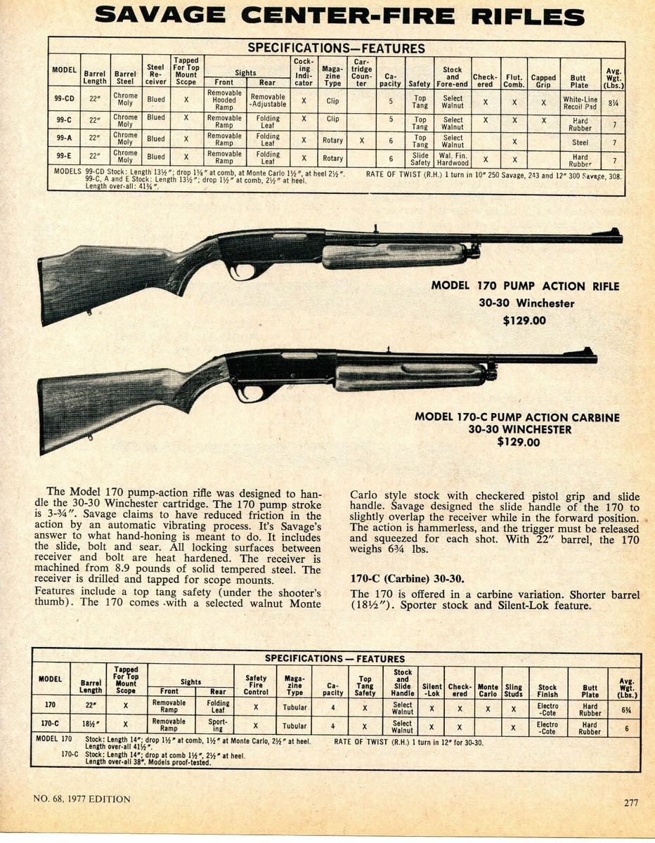 1977 Print Ad of Savage Model 170 Center Fire Rifle 170-C Pump