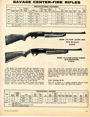 1977 Print Ad of Savage Model 170 Center Fire Rifle 170-C Pump