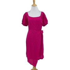 Maeve Dress Women 8 Hot Pink Faux Wrap Skirt Puff Sleeve Back Zip Anthropologie