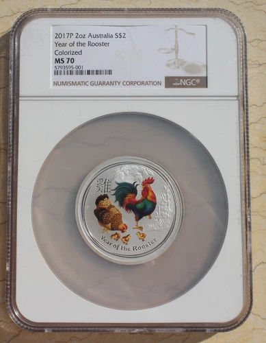 NGC MS70 2017 Australia 2oz Colored Silver Coin - Lunar Series - Rooster