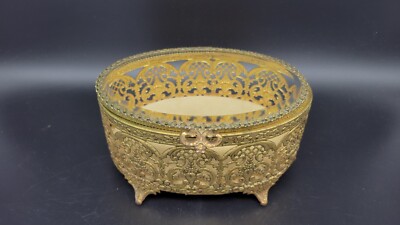 Vintage Oval Beveled Glass Metal Filigree Jewelry Casket, 6''