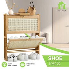 Natural Bamboo Shoe Storage 4 Tier 27" Entryway Sneakers Organizer w/Flip Doors