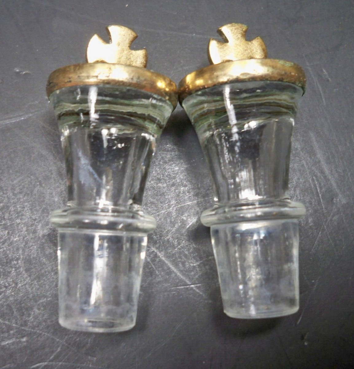 Anchor Hocking Glass Oil Cruet w/ Etched Cross & Cross Adorned Stoppers TWO Rare Cuisine