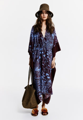 THE WHITE LOTUS H&M Patterned Plunge Kaftan Dress Navy Blue Purple Exclusive