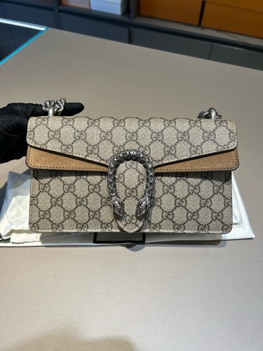 Gucci Dionysus GG Supreme Suede trim Chain Crossbody Shoulder Bag Brown Colorway