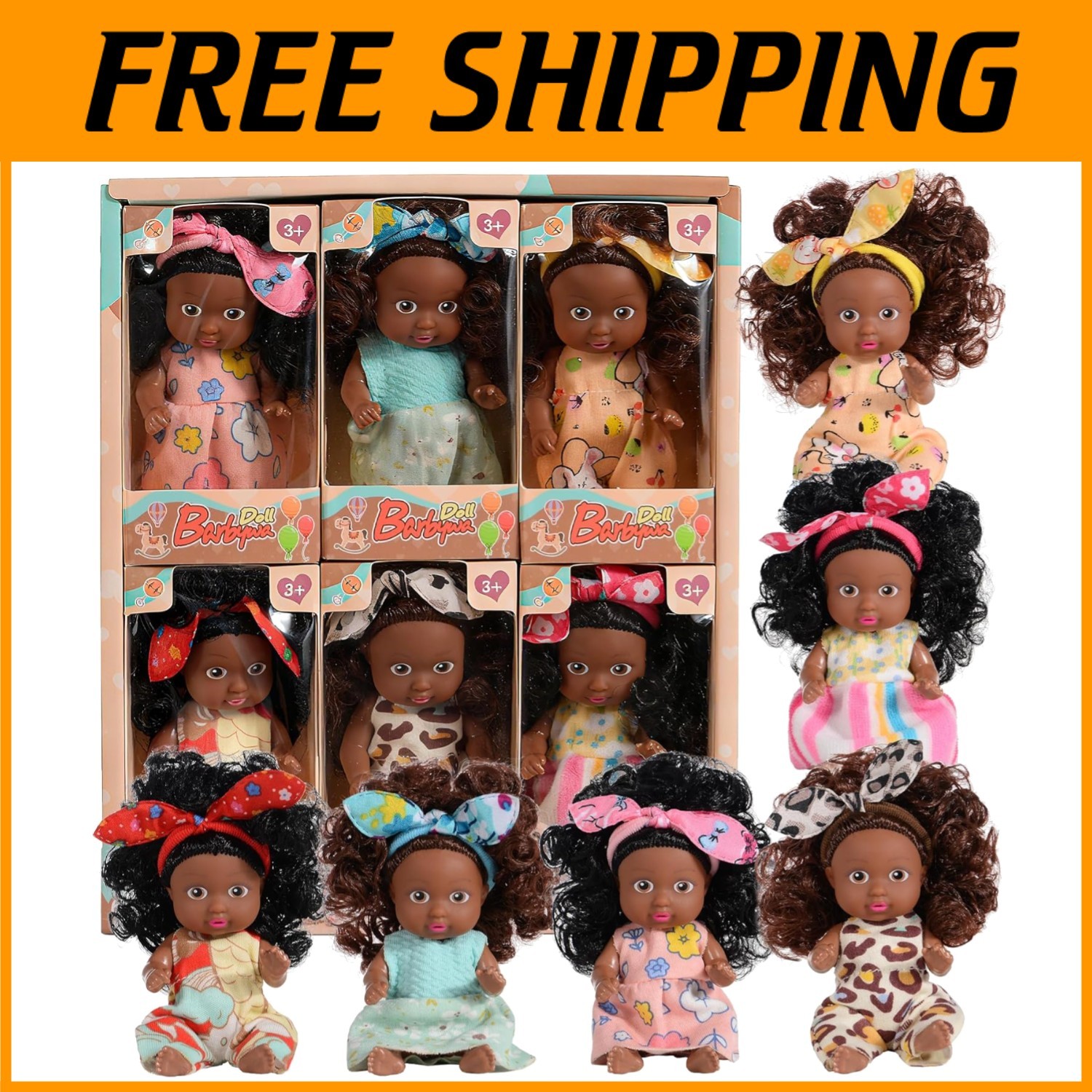African American Doll Set - 4-Inch, Curly Hair