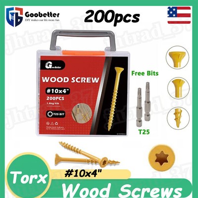 200pcs #10x4'' Deck Screws T25 Star Torx Drive Flat Head Self Tapping Wood Screw
