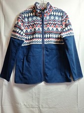 TALBOTS Petites Full Zip Fleece Jacket Sz M Blue Aztec Soft Cozy Outerwear EUC