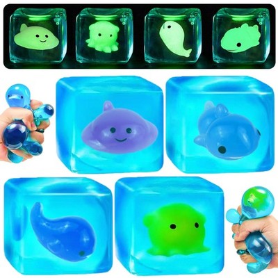 4 Pack Blue Squeeze Cube with Luminous Sea Animals Inside, Squishy Stress Fidget
