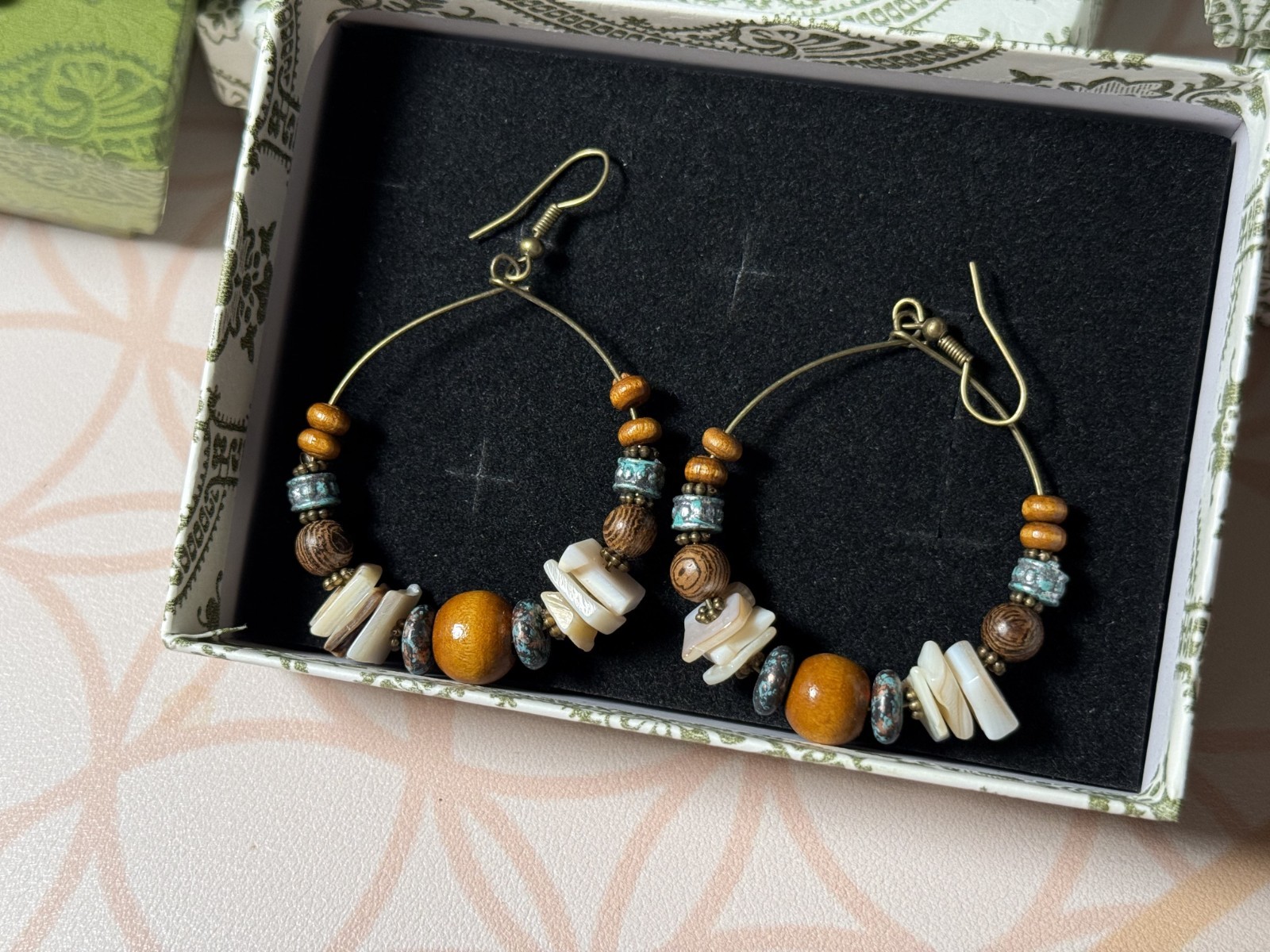 Boho Wood Shell Bead Hoop Earrings Turquoise Accent Dangle Jewelry Gift