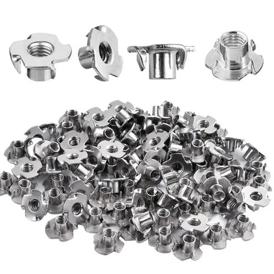 AKAMINO 100 Pack 1/4"-20 T-nut, 304 Stainless Steel Threaded Insert, 4-Pronged Tee Nu...