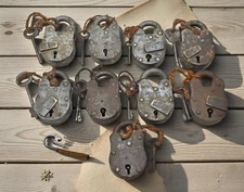 Lot of 9 Antique Iron Pad Locks Original Old Hand Crafted Working With Keys