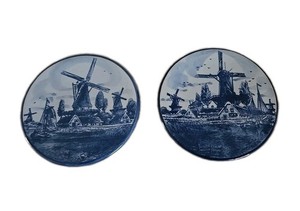 (2) Vintage Delft Handpainted  4.25"Wall Decor Windmill  Landscape Scene,Holland