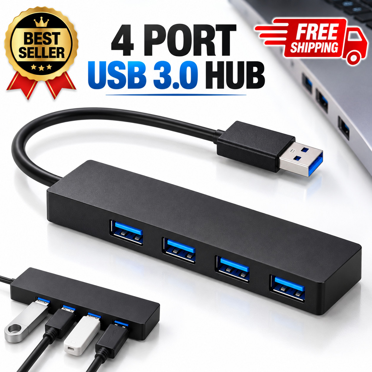 USB 3.0 Hub 4-Port Adapter Charger Data SLIM Super Speed PC Mac Laptop Desktop