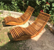 Image of Wooden Sun Loungers Set 2 Rocking Patio Folding Chair Outdoor Garden Swing Seat