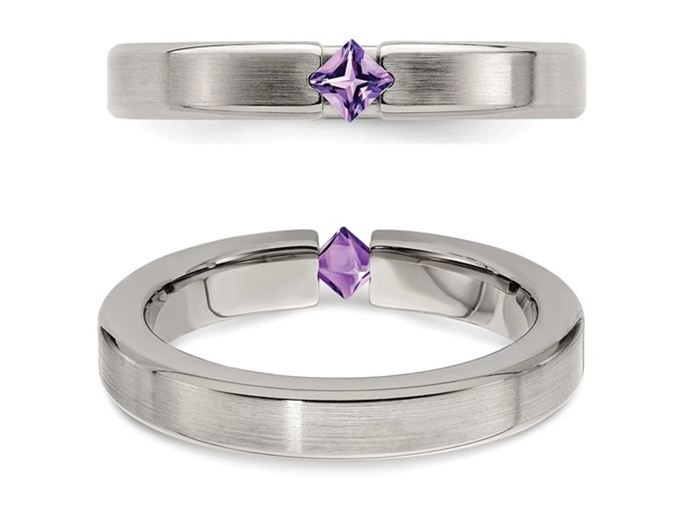Alianza de boda de titanio cepillado de 4 mm para dama con amatista Foto 2 de 4