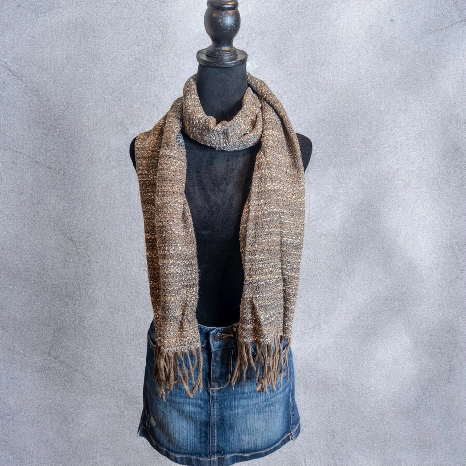 Cachecol vintage anos 90 Clubfellow feito na Itália malha de tweed marrom mistura de algodão franja - Imagem 2 de 4