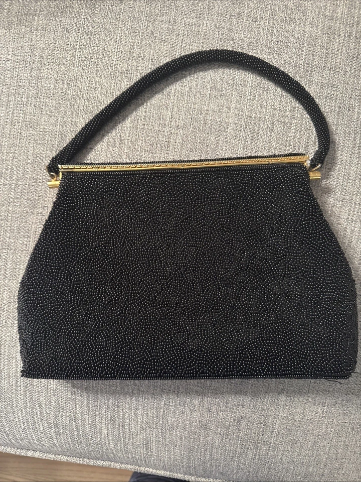 Linda Bolsa de Mão Vintage Needlepoint Tapeçaria Floral Frisada Preta Articulada - Imagem 2 de 4