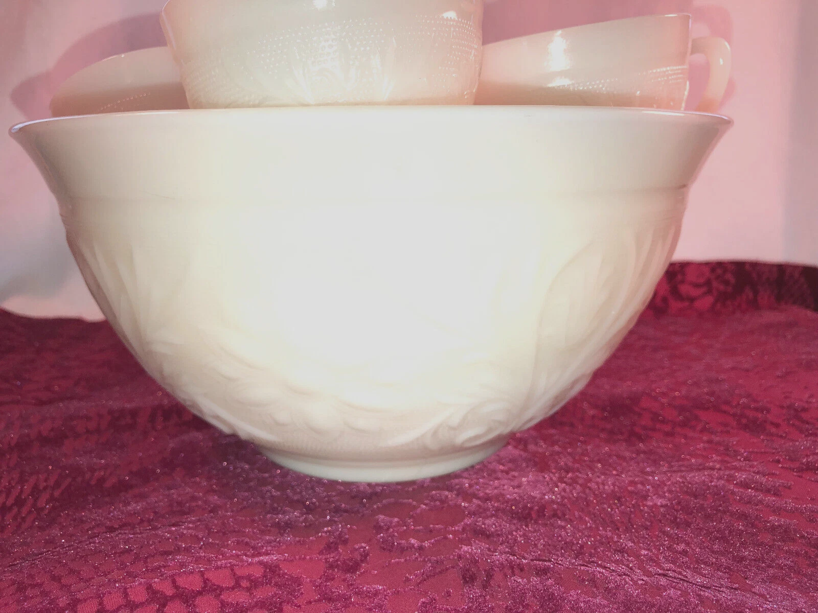 Vintage Sandwich Ivorex Punch Bowl And 12 Cups Depression Glass Mint